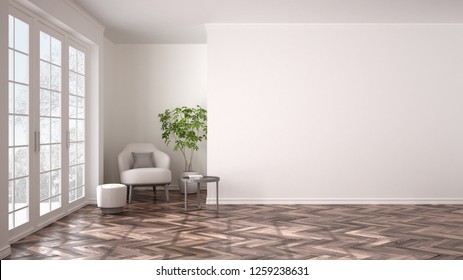 Empty White Interior With Big Panoramic Window, Armchair, Pouf, Table And Potted Plant. Herringbone Parquet Floor, Classic Contemporary Design, Concept Idea With Copy Space Background, 3d Illustration