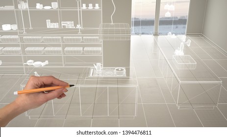 Empty White Interior With White Ceramic Marble Tiles Floor, Hand Drawing Custom Architecture Design, White Ink Sketch, Blueprint Showing Modern Minimalist Kitchen, Concept Mockup Idea, 3d Illustration