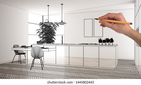 Empty white interior with white marble ceramic tiles, hand drawing custom architecture design, black ink sketch, blueprint showing modern minimalist kitchen, concept, mock-up, idea, 3d illustration