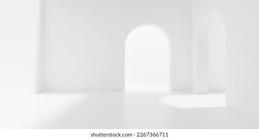 Empty white interior room with door openings in back and right wall, modern architecture or product presentation template background, 3D illustration