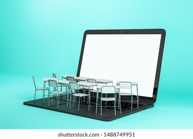 Empty white laptop with abstract tiny classroom desktops on blue background. Online education and webinar concept. Mock up, 3D Rendering  - Powered by Shutterstock