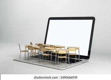 Empty white laptop with abstract tiny classroom desktops on grey background. Online education and webinar concept. Mock up, 3D Rendering  - Powered by Shutterstock