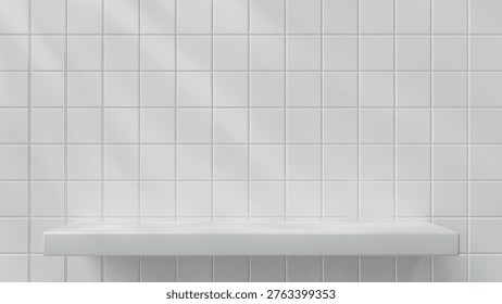 Empty white long shelf mockup on modern tile wall background. Minimalist 3D interior stage with soft shadow, clean aesthetic backdrop for product display, branding, and creative presentations