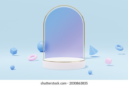 Empty White Marble Cylinder Podium With Gold Border, Ball, Cone, Cube On Glass Arch Background. Abstract Minimal Studio 3d Geometric Shape Object. Mockup Space For Display Of Product Design. 3d Render