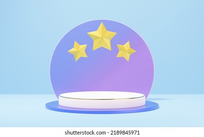 Empty White Marble Cylinder Podium With Gold Border, Star Rating On Glass Arch Circle Background. Pedestal Mockup Space For Display Product Design. Abstract Minimal Studio Geometric Object. 3d Render.