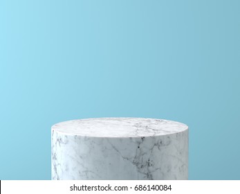 Empty white marble podium on pastel blue color background. 3D rendering.
