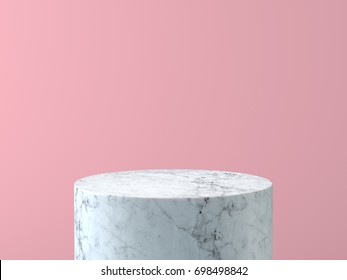 Empty White Marble Podium On Pastel Pink Color Background. 3D Rendering.
