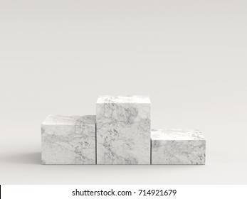 Empty White Marble Podium On White Background. 3D Rendering.
