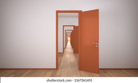 Empty white and orange architectural interior with infinite open doors, endless corridor of doorway, walkaway, labyrinth. Move forward, opportunities, future, concept with copy space, 3d illustration