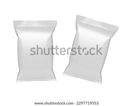Empty white plastic and silver metallic foil envelopes for packaging design. isolated on white background 3d