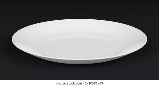 Empty white plate or ceramic dish on black background. 3D rendering with clipping path