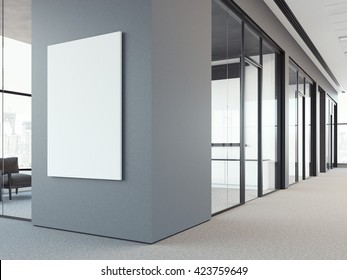 Empty White Poster On The Office Gray Wall. 3d Rendering