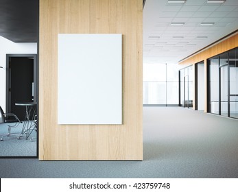 Empty White Poster On The Office Wooden Wall. 3d Rendering