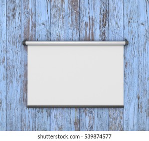Empty White Projector Screen Hanging From Painting Old Wood Wall, 3d Illustration