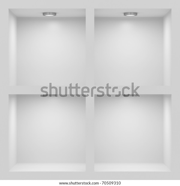 Empty white rack\
with illumination of\
shelves