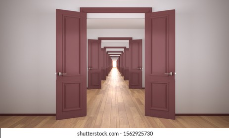 Empty white and red architectural interior with infinite open doors, endless corridor of doorway, walkaway, labyrinth. Move forward, opportunities, future, concept with copy space, 3d illustration