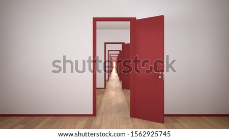 Empty white and red architectural interior with infinite open doors, endless corridor of doorway, walkaway, labyrinth. Move forward, opportunities, future, concept with copy space, 3d illustration