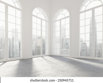 Empty White Room With Big Windows. 3d Rendering