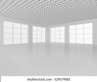 Empty White Room With Big Windows. 3d Rendering.