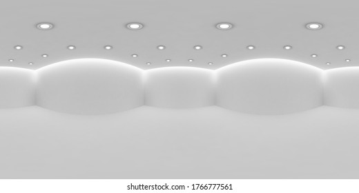 Empty white room HDRI environment map with white wall, floor and ceiling with small round embedded ceiling lamps and hidden ceiling lights, 360 degrees spherical panorama background, 3d illustration