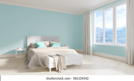 Empty White Room Interior With Bed, White Wooden Floors, White Curtains And Large Window At Beautiful Mountains View. 3d Rendering.