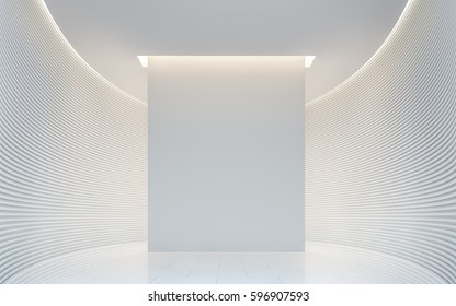 Empty white room modern space interior 3d rendering image.A blank wall with pure white. Decorate wall with horizon line pattern and hidden warm light