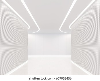 Empty White Room Modern Space Interior 3d Rendering Image.A Blank Wall With Pure White. Decorate Wall With Horizon Line Pattern And Hidden Light