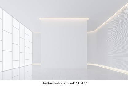 Empty White Room Modern Space Interior 3d Rendering Image.A Blank Wall With Pure White. Decorate Wall With Horizon Line Pattern And Hidden Light