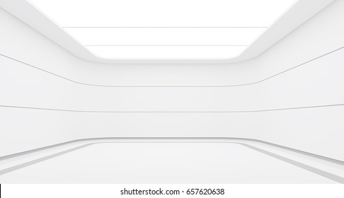 Empty White Room Modern Space Interior 3d Rendering Image.A Blank Wall With Pure White. Decorate With Horizon Line Pattern