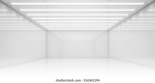 Empty white room with stripes of ceiling lights. Contemporary architecture background. 3d render illustration