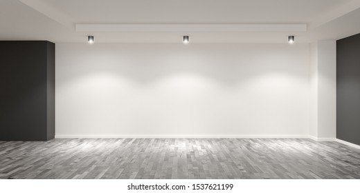 Empty White Room With Wooden Floor And Grey Colored Accent Walls With Spotlights On The Back Wall - Gallery, Product Or Modern Interior Template, 3D Illustration