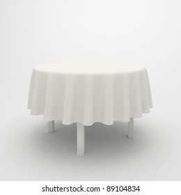 Empty, White Round Table And Cloth On A White Background