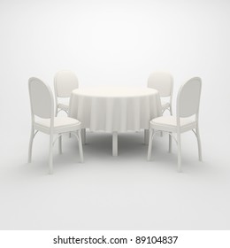 Empty, White Round Table, Cloth And Four Chairs On A White Background