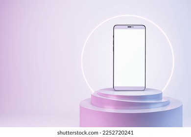 Empty white smartphone with creative glowing round banner and mock up place on screen. Advertisement and fashion concept. 3D Rendering