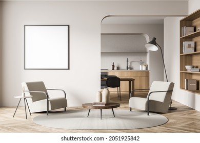 Empty white square frame with a living room seating. Interior with two beige armchairs, modern details, a mock up and a kitchen in the next area. A concept of on trend design. 3d rendering