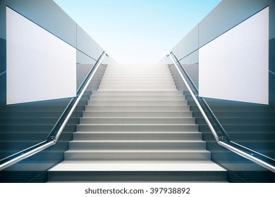 Empty White Stairs In Pedestrian Subway. Mock Up,  3D Rendering