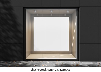 Empty White Store Showcase With Illumination At Daylight. Mockup. 3d Rendering