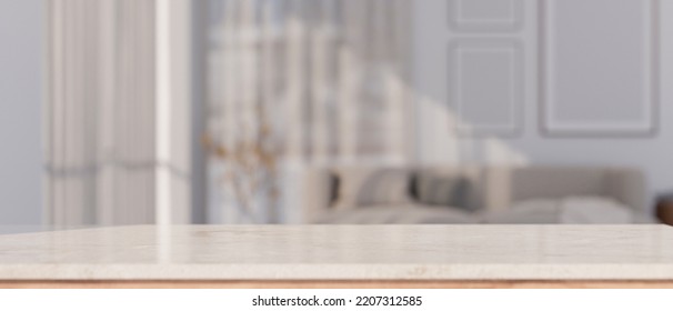 Empty White Tabletop With Copy Space For Montage Your Product Display Over Blurred Modern Bright Living Room In The Background. 3d Render, 3d Illustration