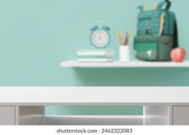 Empty white tabletop foreground with softly blurred background featuring school supplies, perfect for product displays and educational themes. Back to school, education concept. Desk. 3D Illustration