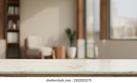 Empty White Tabletop For Montage Your Product Display Over Blurred Modern Comfortable Living Room In The Background. 3d Rendering, 3d Illustration