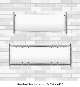 Empty White Vinyl Banners With Grommets Hanging On A Rigid Metal Frame. Horizontal Blank Advertising Banners On A White Brick Wall. Illustration.