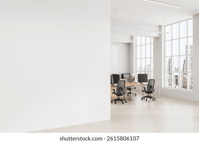 Empty white wall in contemporary office interior with workstations and city view windows, ideal for poster mockup or clean design layout concept. 3D Rendering