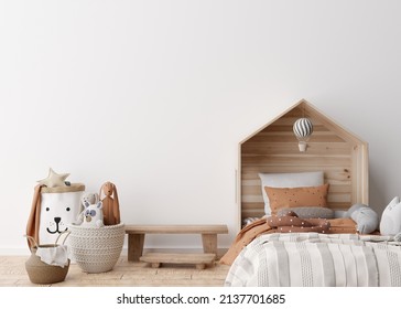 Empty White Wall In Modern Child Room. Mock Up Interior In Scandinavian Style. Free, Copy Space For Your Picture, Poster. Bed, Rattan Basket, Toys. Cozy Room For Kids. 3D Rendering