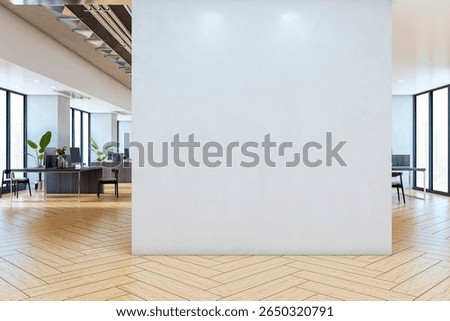 Empty white wall in modern office with wooden floor, glass windows, city view and desks, ideal for poster or logo mockup. 3D Rendering