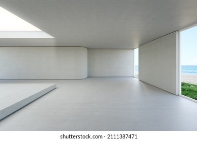 Empty White Wall On Concrete Floor In Modern Beach House Or Apartment. Home Interior 3d Rendering Of Bright Living Room With Sea View Background.