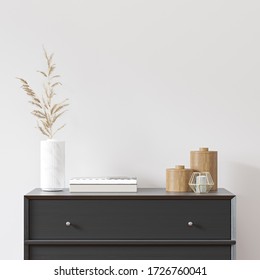 Empty white wall in scandinavian interior with black dresser, vase and decor. 3D rendering.
