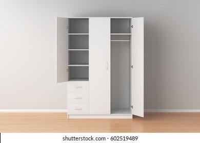 Empty white wardrobe with open doors in interior. 3d render