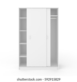 Empty white wardrobe with sliding doors isolated on white background. Include clipping path. 3d render
