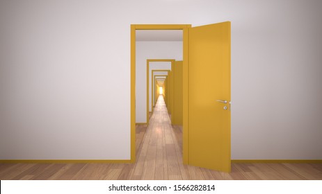 Empty white and yellow architectural interior with infinite open doors, endless corridor of doorway, walkaway, labyrinth. Move forward, opportunities, future, concept with copy space, 3d illustration