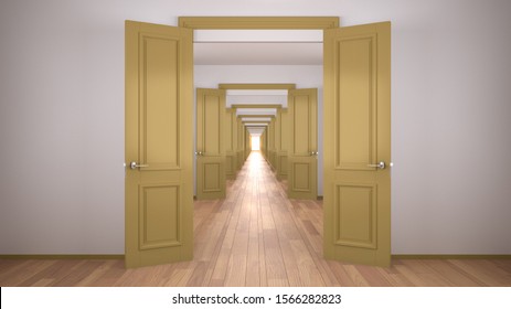 Empty white and yellow architectural interior with infinite open doors, endless corridor of doorway, walkaway, labyrinth. Move forward, opportunities, future, concept with copy space, 3d illustration